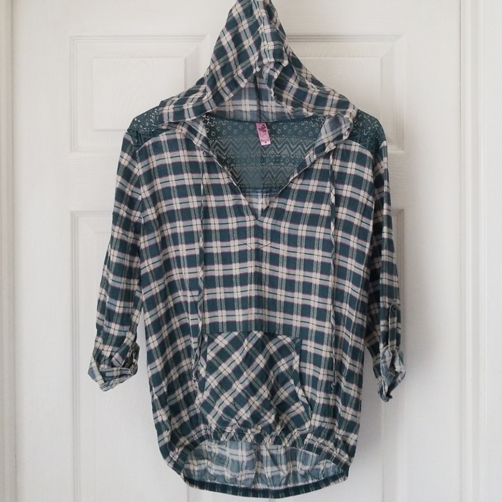 Plaid Hoodie Top with Front Pocket